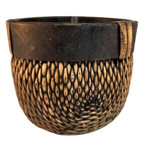 Vintage Hand-Woven Wicker & Wood Small Round Basket Decor Storage Organizer